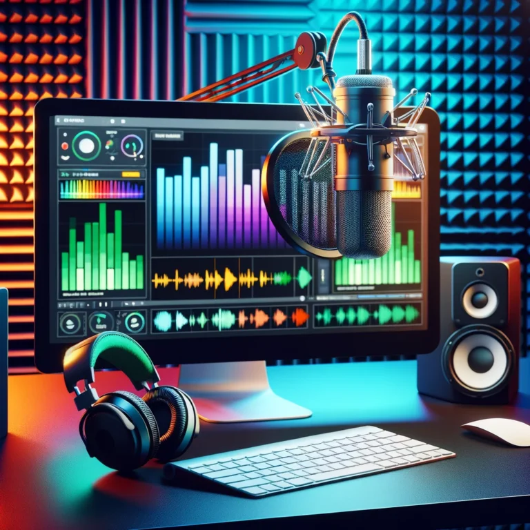 DALL·E-2024-06-02-18.25.32-A-vibrant-modern-podcast-studio-setup-with-a-high-quality-microphone-on-a-boom-arm-headphones-a-computer-with-audio-editing-software-open-and-a-po