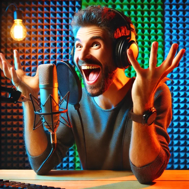 DALL·E 2024-07-27 20.34.39 - A vibrant image of a podcaster, an adult Caucasian male, excitedly speaking into a microphone. He is wearing headphones and has an expressive, joyful