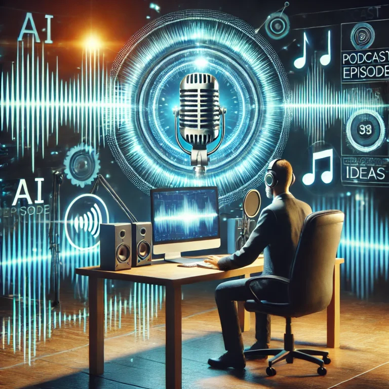 DALL·E 2024-09-14 20.00.28 - A conceptual image of a podcast host using AI technology. The host, seated in front of a computer with a microphone, is surrounded by holographic scre