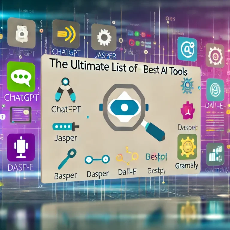 DALL·E 2024-11-05 21.01.05 - A modern, visually appealing blog image titled 'The Ultimate List of Best AI Tools' showcasing icons or logos of various AI tools like ChatGPT, Jasper