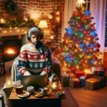 DALL·E 2024-11-17 15.22.21 - A podcaster sitting in front of a beautifully decorated Christmas tree in a cozy living room. The podcaster is wearing festive, warm clothing such as