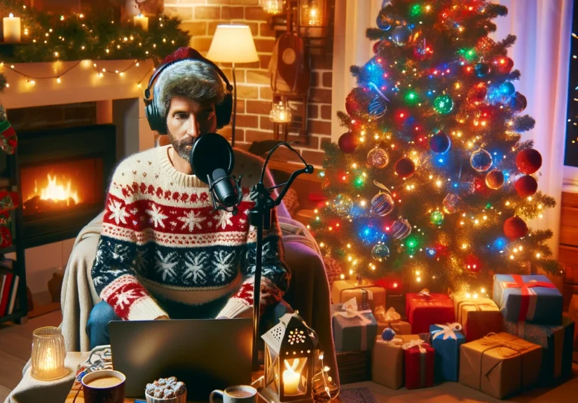 DALL·E 2024-11-17 15.22.21 - A podcaster sitting in front of a beautifully decorated Christmas tree in a cozy living room. The podcaster is wearing festive, warm clothing such as